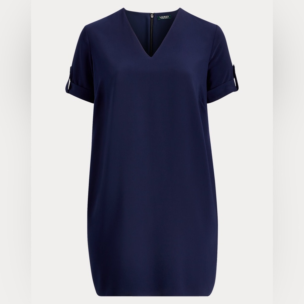 Ralph Lauren Size 14 Navy Roll Tab Sleeve Shift Dress Workwear Designer Business